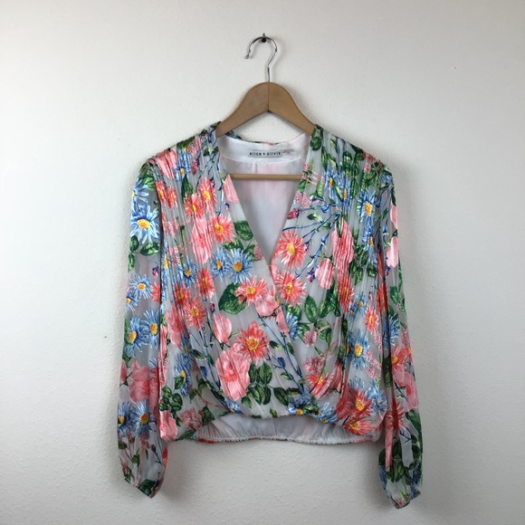 Alice + Olivia Trista Top Floral V Neck Velvet M - Picture 3 of 8
